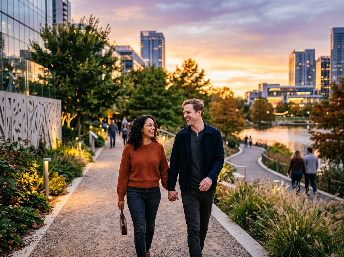 Couple walking together in a modern city